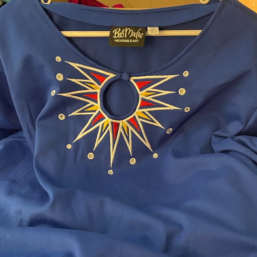 Bob Mackie Blue Embroidered Keyhole Tunic with Red and Cream Accents
